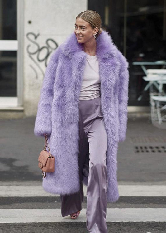 Faux Fur Lapel Coat Violet Longline Style