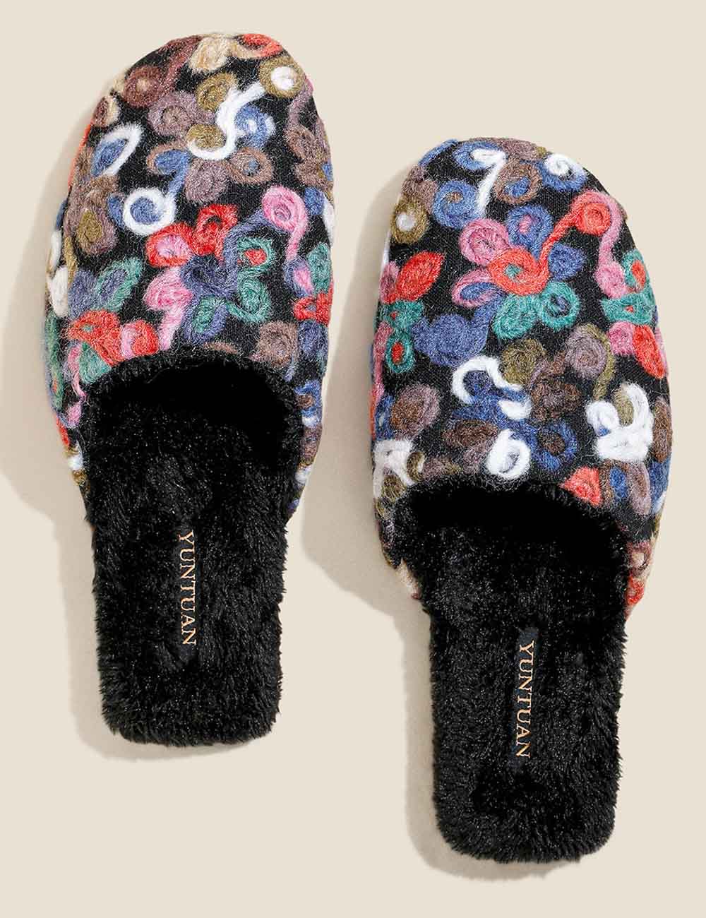 Flower Embroidery Soft Warm Plush Indoor Slippers
