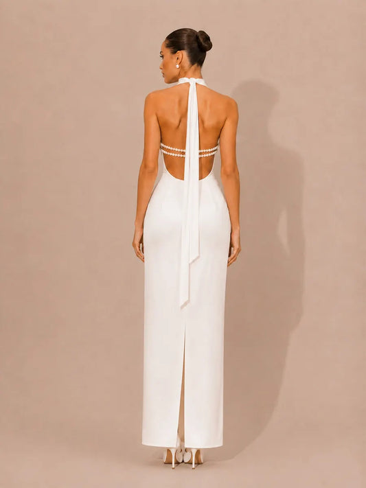 Selene Halter-Neck Beaded-Back Maxi Dress