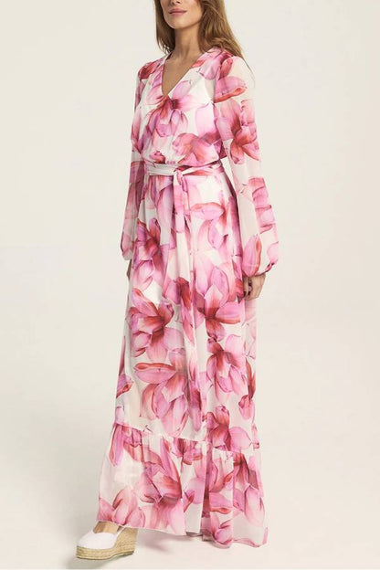 Island Girl Floral Print V-neck Long Sleeve Tie Slit Holiday Maxi Dress