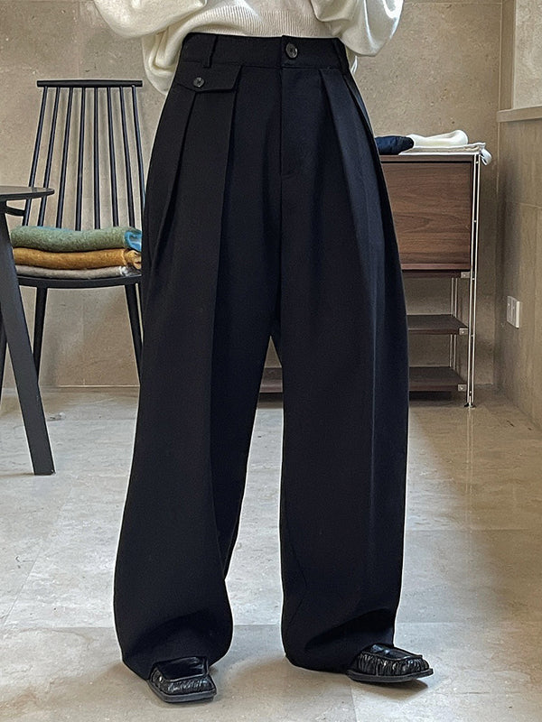 Loose Pleated Solid Color Casual Pants Bottoms
