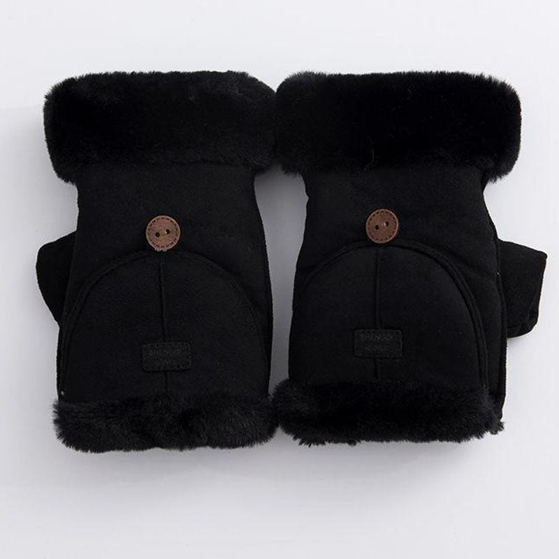 Winter Suede Convertible Thermal Fingerless Mittens Gloves