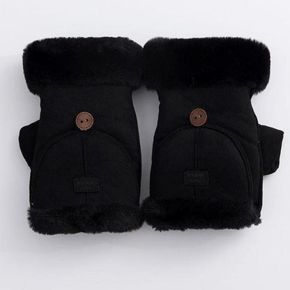 Winter Suede Convertible Thermal Fingerless Mittens Gloves