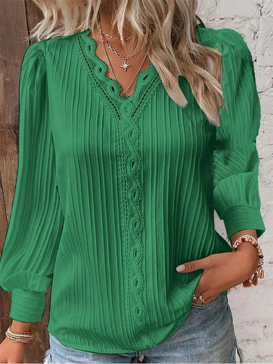 Women'S Lace Stitching Shirt Loose Stitching V-Neck Long Sleeve Pullover Chiffon Shirt Fall Top Simple Elegant Street Blouse