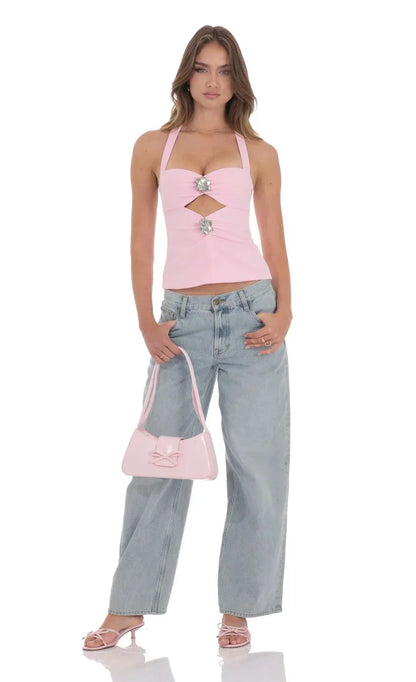 Cutout Floral Embellished Top in Pink