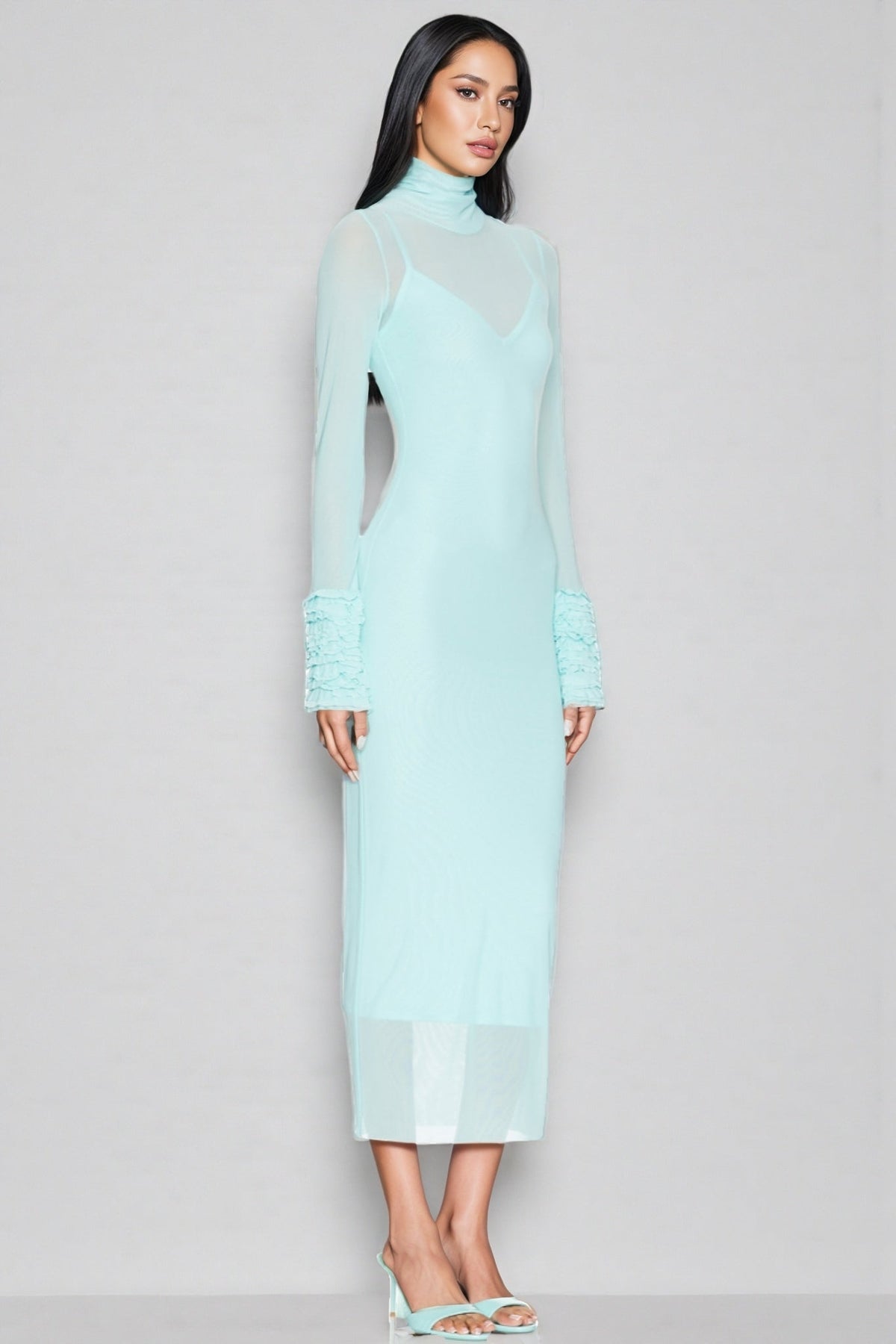 Abrife Blue Sheer Mesh Maxi Dress