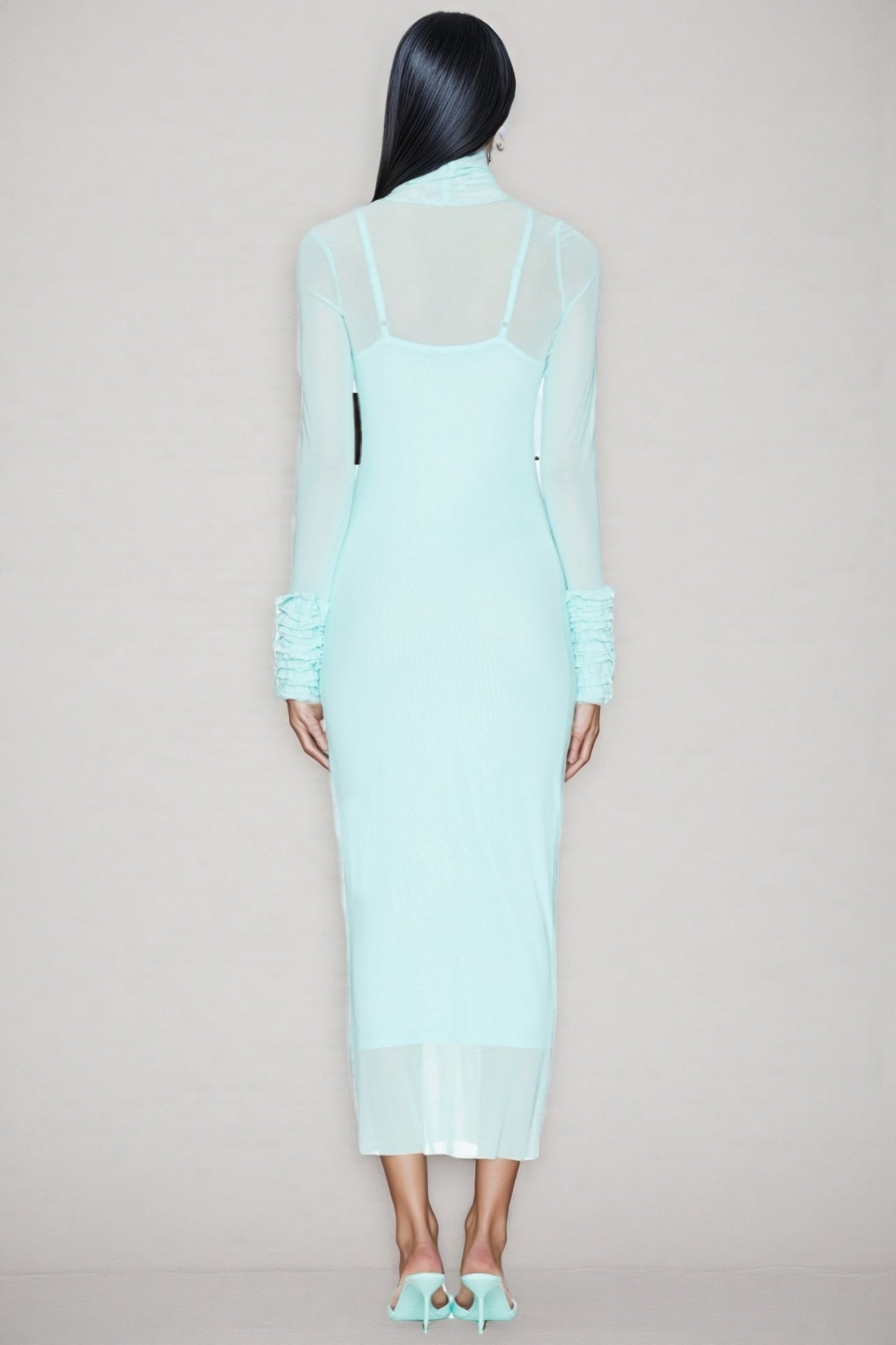Abrife Blue Sheer Mesh Maxi Dress