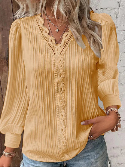 Women'S Lace Stitching Shirt Loose Stitching V-Neck Long Sleeve Pullover Chiffon Shirt Fall Top Simple Elegant Street Blouse