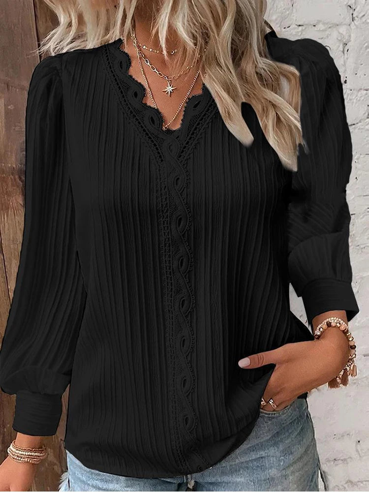 Women'S Lace Stitching Shirt Loose Stitching V-Neck Long Sleeve Pullover Chiffon Shirt Fall Top Simple Elegant Street Blouse