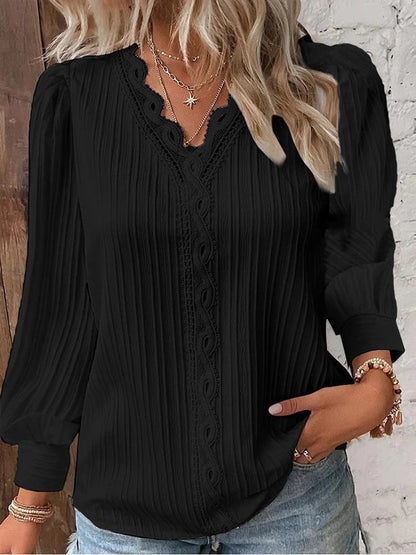 Women'S Lace Stitching Shirt Loose Stitching V-Neck Long Sleeve Pullover Chiffon Shirt Fall Top Simple Elegant Street Blouse