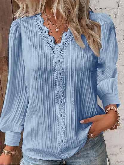 Women'S Lace Stitching Shirt Loose Stitching V-Neck Long Sleeve Pullover Chiffon Shirt Fall Top Simple Elegant Street Blouse