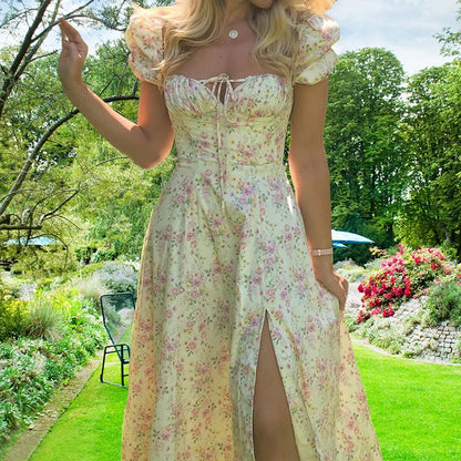 Amazon European And American Women'S Clothing 2024 New Small Fresh Floral Slim Fit Slit European And American Camisole Dress For