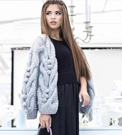 Autumn Winter  New European American Style Pure Hand-Woven Ball Big Hemp Sweater Fashion Sweater Women Cardigans  V-Neck