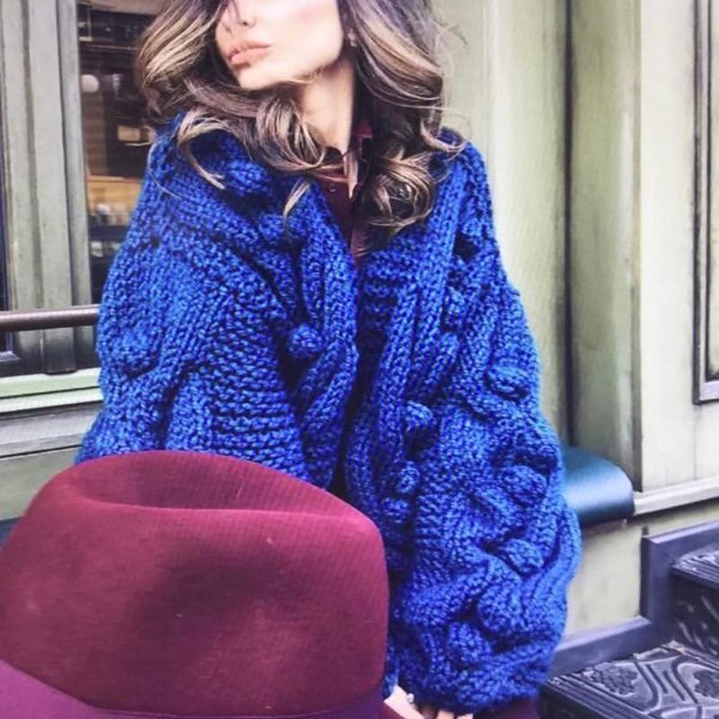 Autumn Winter  New European American Style Pure Hand-Woven Ball Big Hemp Sweater Fashion Sweater Women Cardigans  V-Neck