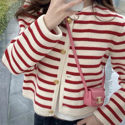 Autumn And Winter Korean Contrasting Striped Knitted Cardigan Women'S Winter Single -Row Metal Buckle Pocket Sweater Cardigans