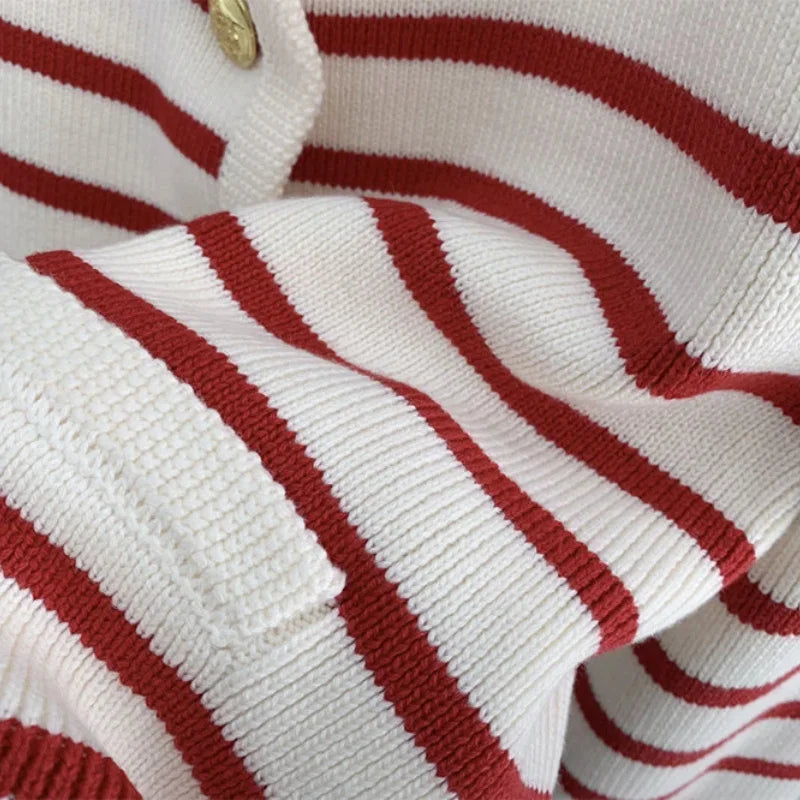 Autumn And Winter Korean Contrasting Striped Knitted Cardigan Women'S Winter Single -Row Metal Buckle Pocket Sweater Cardigans