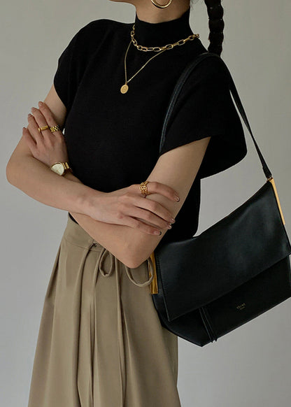 Mock Neck Knit Top Sleeveless Black Soft Knit
