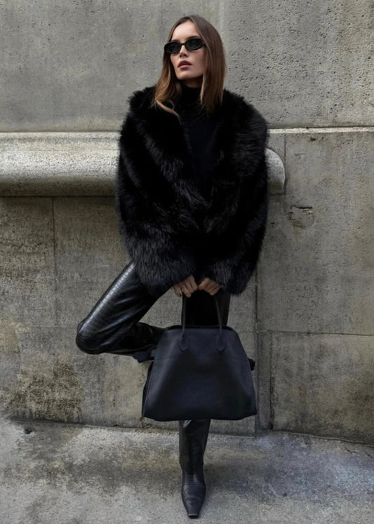Faux Fur Polo Collar Jacket Black Oversized Fit