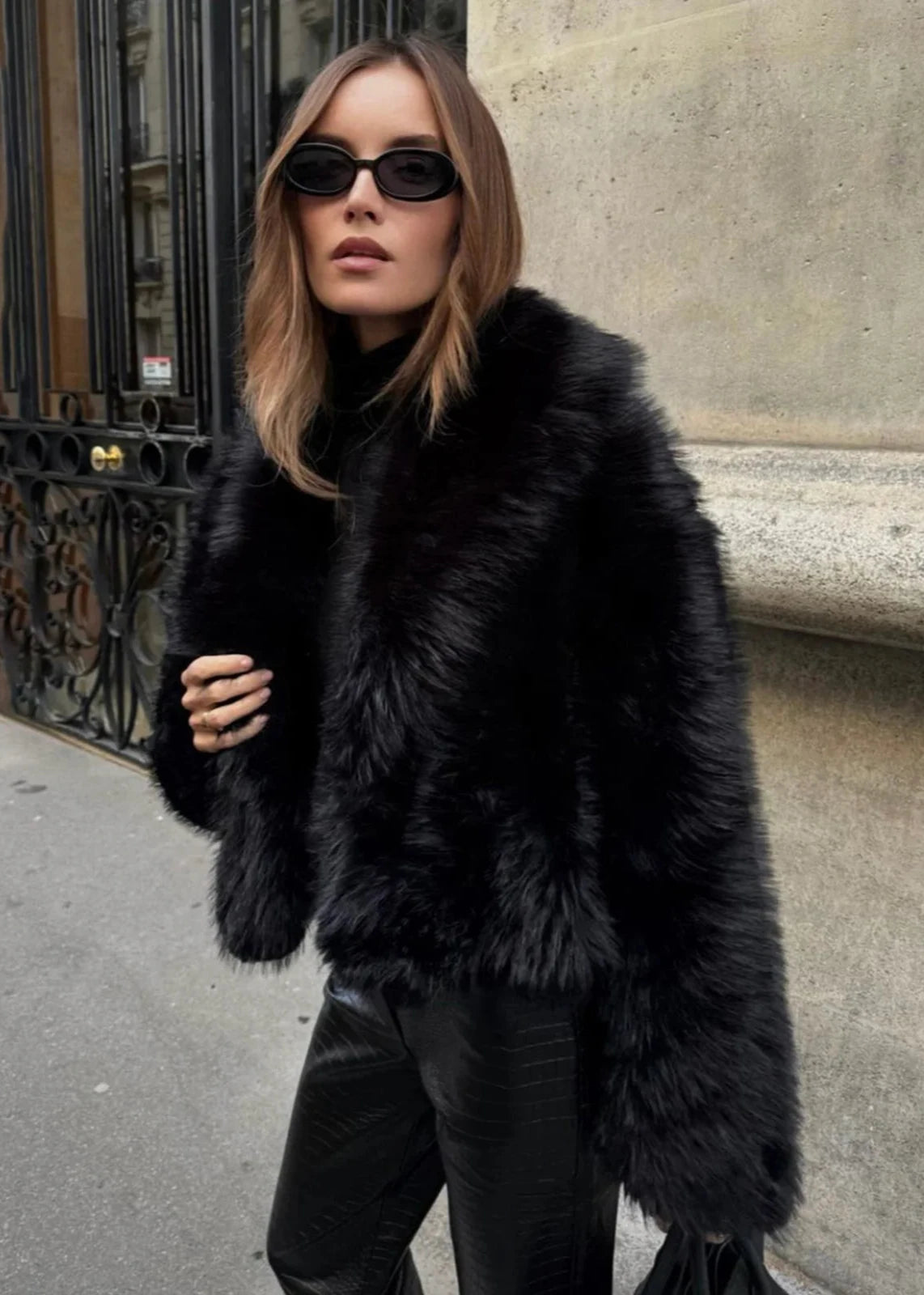 Faux Fur Polo Collar Jacket Black Oversized Fit