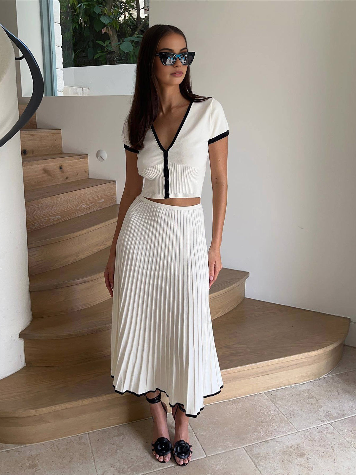 Ribbed Knit Crop Top And Pleated Midi Skirt Set