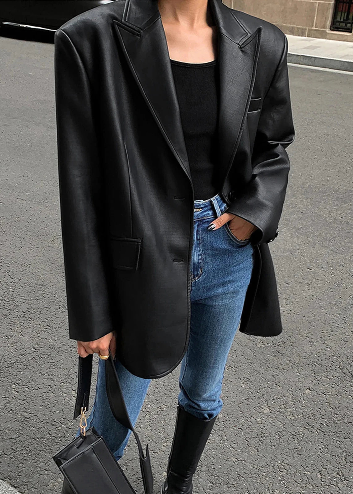 Black Faux Leather Blazer With Structured Fit