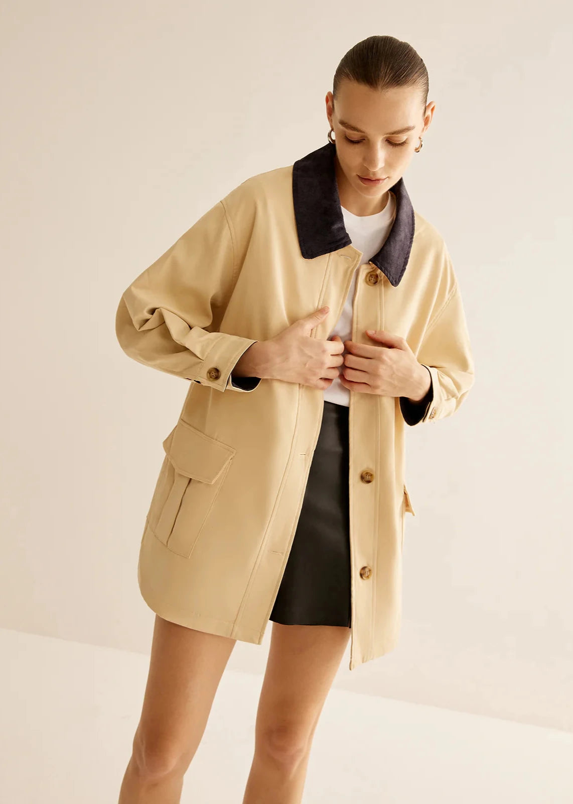 Cotton Jacket With Contrast Collar And Button Front