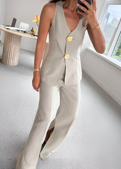 Wide Leg Linen Cotton Blend Vest And Trousers