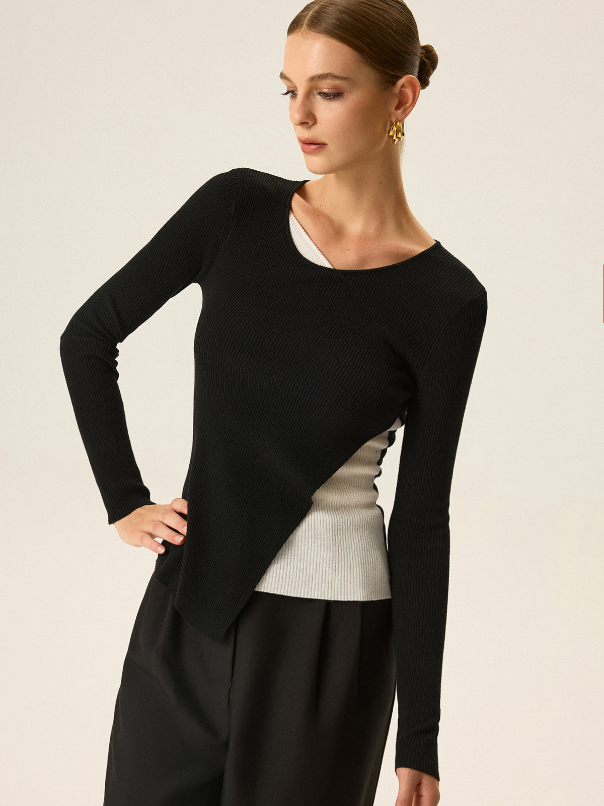 2 in 1 Color-Block Asymmetric Ribbed Knit Top
