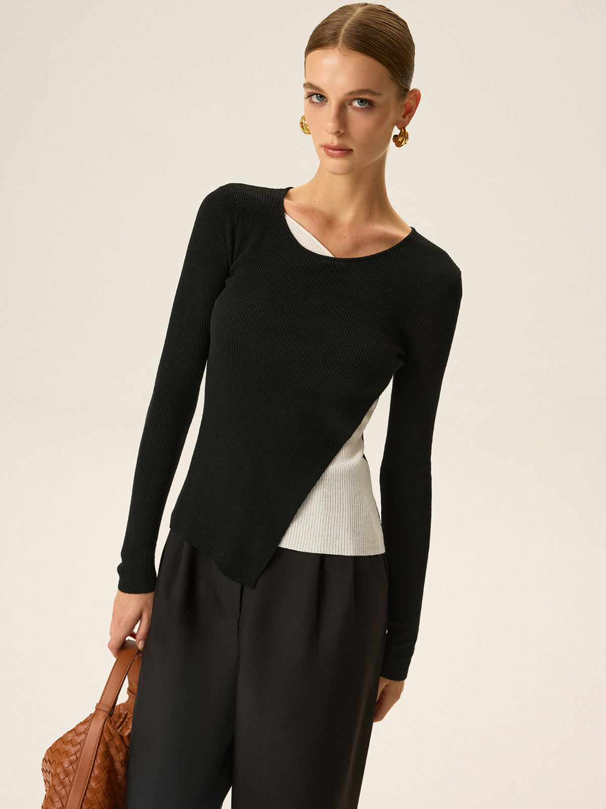 2 in 1 Color-Block Asymmetric Ribbed Knit Top