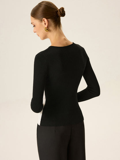 2 in 1 Color-Block Asymmetric Ribbed Knit Top
