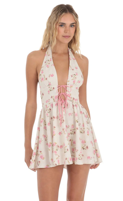 Floral Plunge Neck Dress in Cream