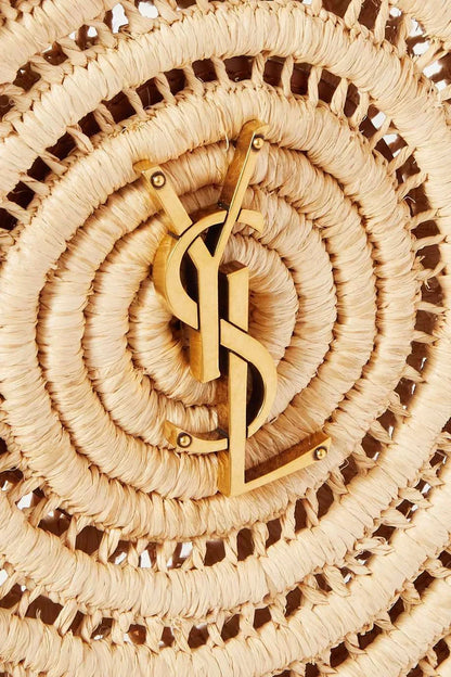 SAINT LAURENT Cassandre Round leather-trimmed raffia shoulder bag