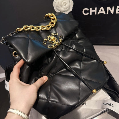 CHANEL 24C Black Lambskin Quilted 19 Flap Backpack Mixed Hardware