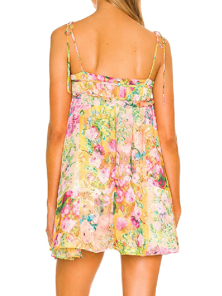 Boho Bow Ruched Bra Corset Style Flower Print Spaghetti Strap Mini Dress Women Backless Skater Lacing Up Sling Robe Holiday