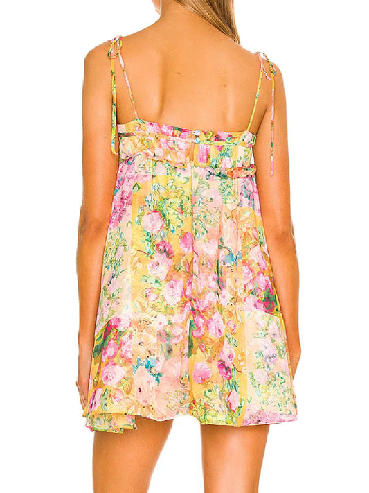 Boho Bow Ruched Bra Corset Style Flower Print Spaghetti Strap Mini Dress Women Backless Skater Lacing Up Sling Robe Holiday