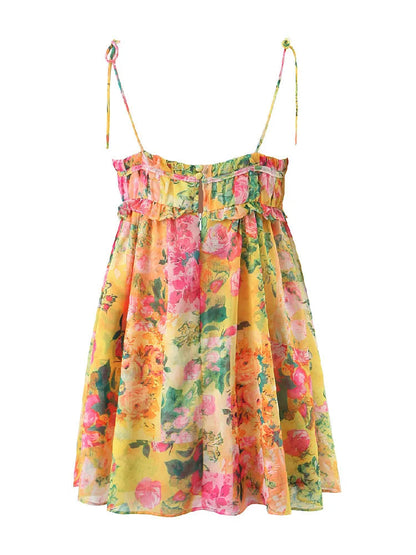 Boho Bow Ruched Bra Corset Style Flower Print Spaghetti Strap Mini Dress Women Backless Skater Lacing Up Sling Robe Holiday