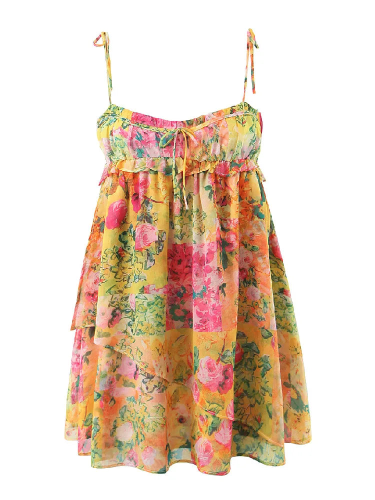 Boho Bow Ruched Bra Corset Style Flower Print Spaghetti Strap Mini Dress Women Backless Skater Lacing Up Sling Robe Holiday