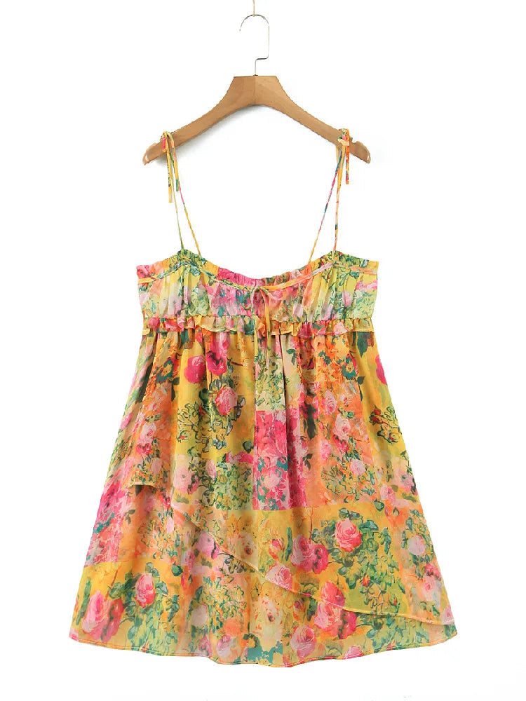 Boho Bow Ruched Bra Corset Style Flower Print Spaghetti Strap Mini Dress Women Backless Skater Lacing Up Sling Robe Holiday