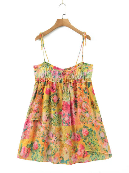 Boho Bow Ruched Bra Corset Style Flower Print Spaghetti Strap Mini Dress Women Backless Skater Lacing Up Sling Robe Holiday