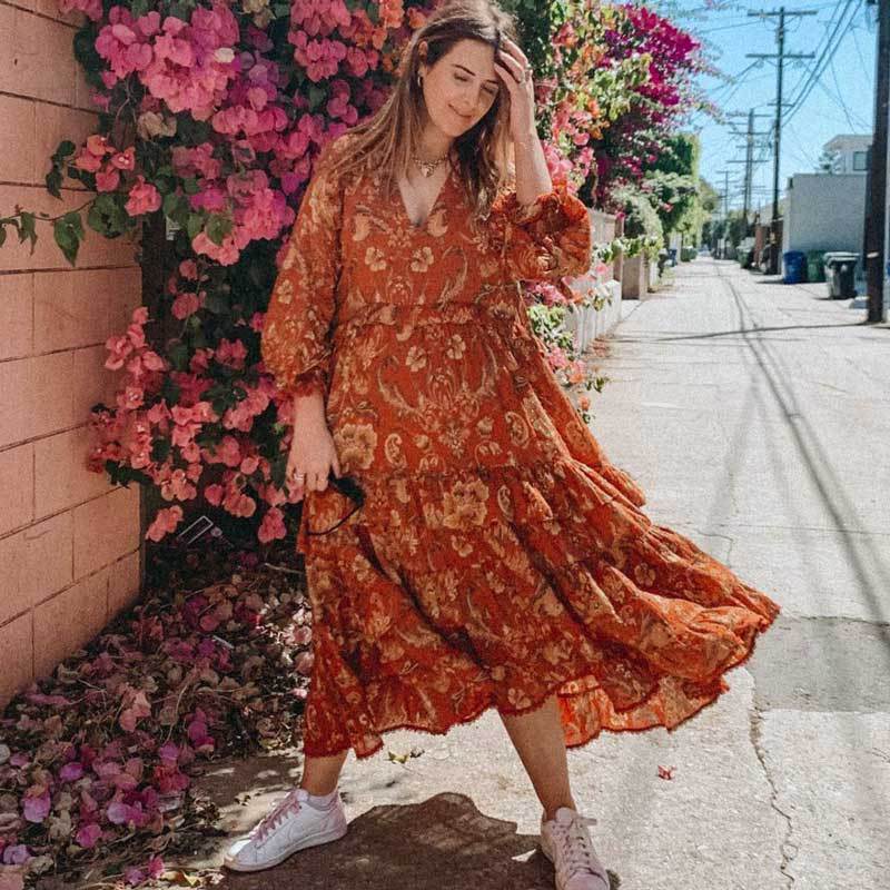 Print Frill Dress Women Tiers V-Neck Long Sleeve Dress Autumn  New Boho Dress