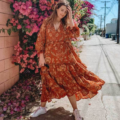 Print Frill Dress Women Tiers V-Neck Long Sleeve Dress Autumn  New Boho Dress