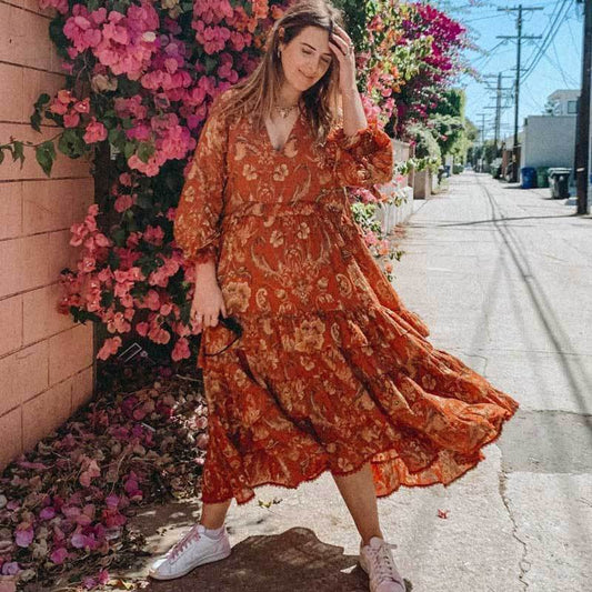 Print Frill Dress Women Tiers V-Neck Long Sleeve Dress Autumn  New Boho Dress