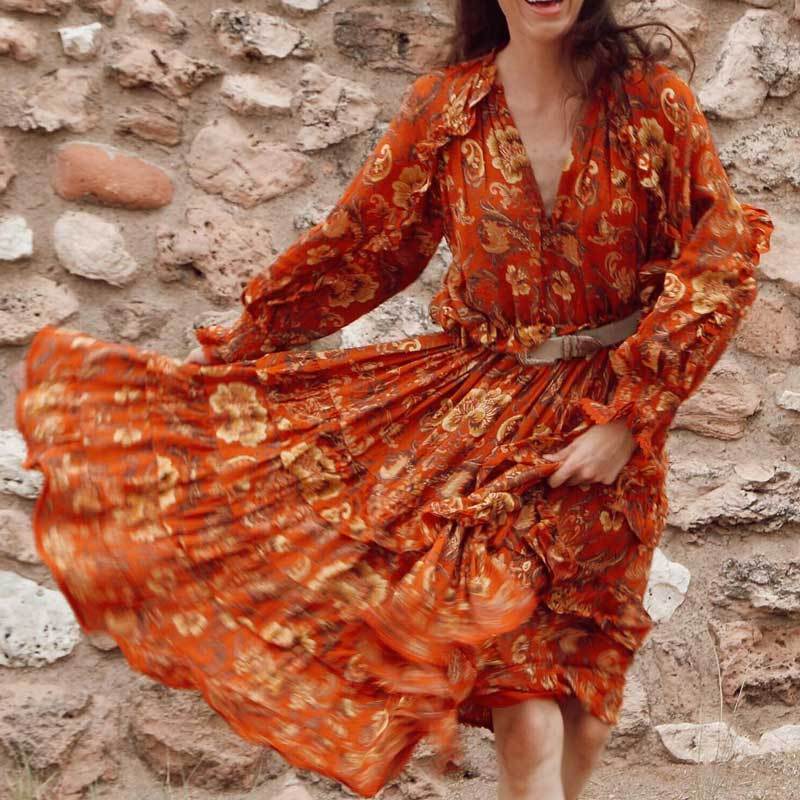 Print Frill Dress Women Tiers V-Neck Long Sleeve Dress Autumn  New Boho Dress