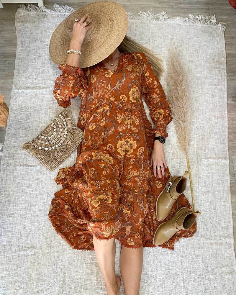 Print Frill Dress Women Tiers V-Neck Long Sleeve Dress Autumn  New Boho Dress