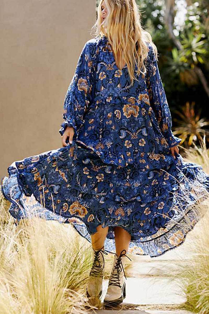 Print Frill Dress Women Tiers V-Neck Long Sleeve Dress Autumn  New Boho Dress