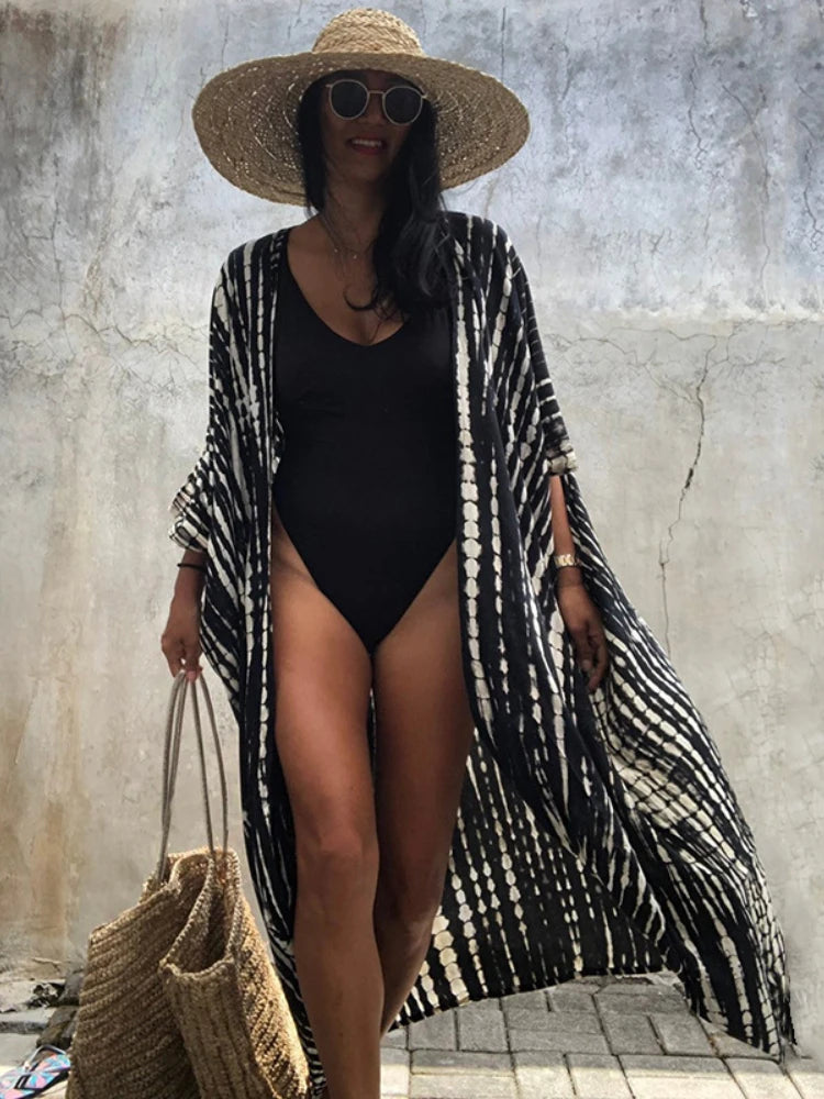 Beach Cover Ups For Swimwear Women Black Tie Dye Kimono Swimsuit Cape Summer Dress 2022 Beachwear Outfits Sales