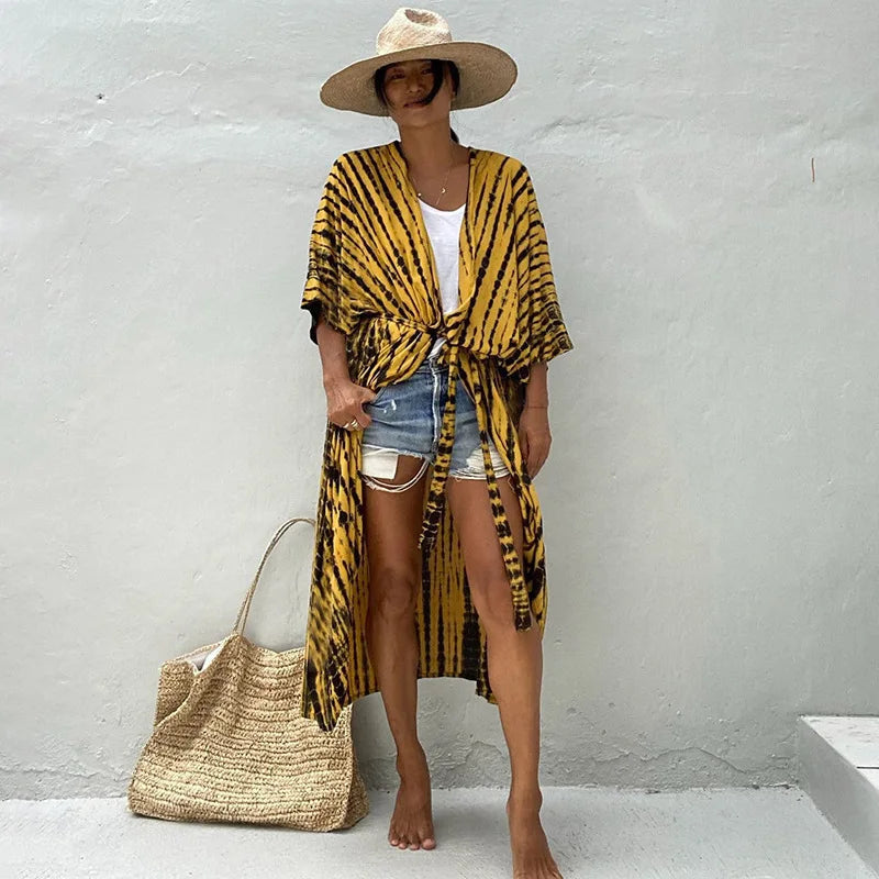 Beach Cover Ups For Swimwear Women Black Tie Dye Kimono Swimsuit Cape Summer Dress 2022 Beachwear Outfits Sales