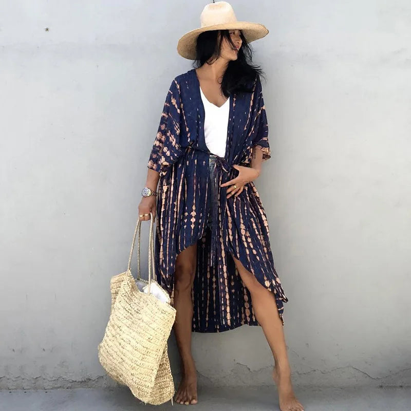 Beach Cover Ups For Swimwear Women Black Tie Dye Kimono Swimsuit Cape Summer Dress 2022 Beachwear Outfits Sales