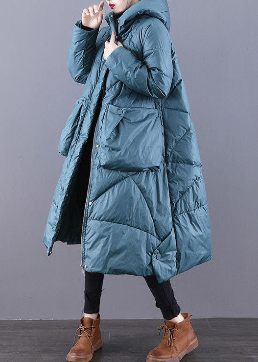Beautiful Blue-Green Hooded Zippered Oversized Thick cotton blend Puffers Jackets Winter