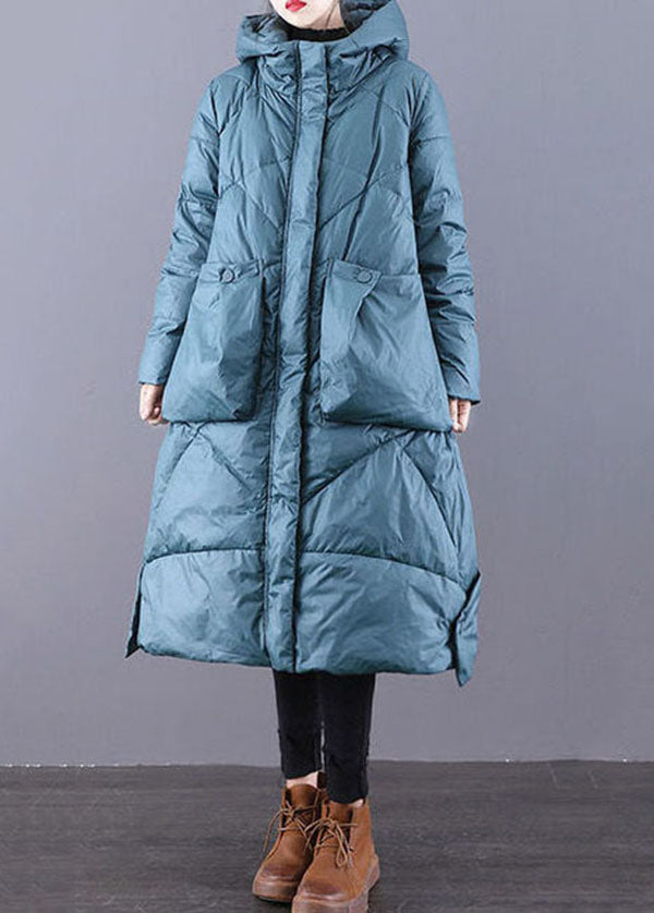 Beautiful Blue-Green Hooded Zippered Oversized Thick cotton blend Puffers Jackets Winter